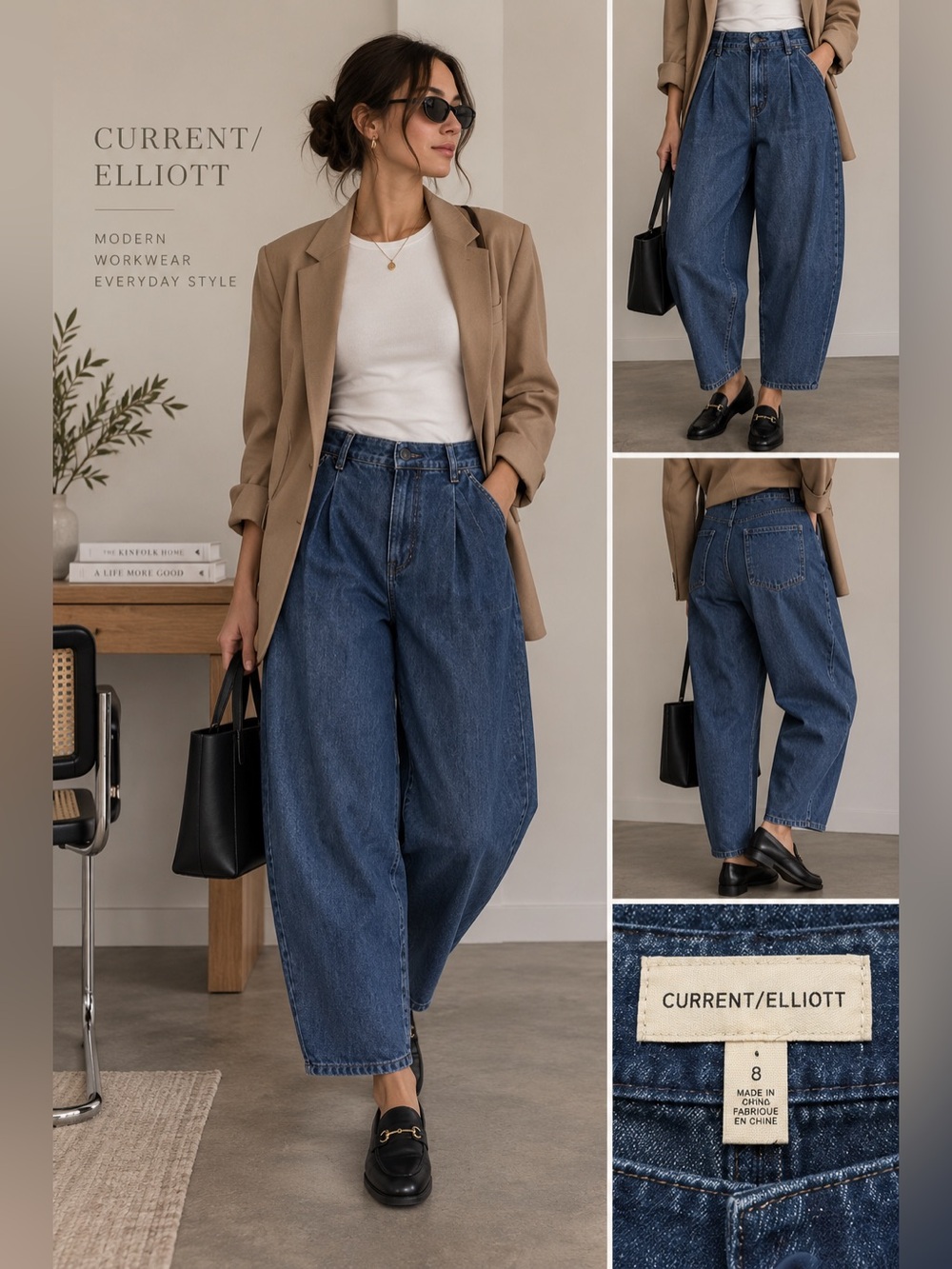 NWT Current/Elliott Pleated Barrel Leg Jeans Size 8 Medium Wash Denim CE64209